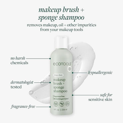 EcoTools Makeup Brush + Sponge Shampoo Cleanser, Deep Clean, Sulfate-Free, Fragrance-Free Brush Cleaner for Makeup Sponges & Tools, Vegan & Cruelty-Free, 8 fl. oz