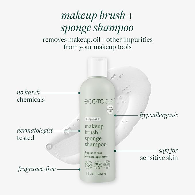 EcoTools Cleanser Shampoo for Makeup Brush/Sponge/Puffs, Remove Makeup & Impurities, Fragrance-Free, No Harsh Chemicals, Vegan & Cruelty-Free, 6 fl.oz./177 ml, 1 Count