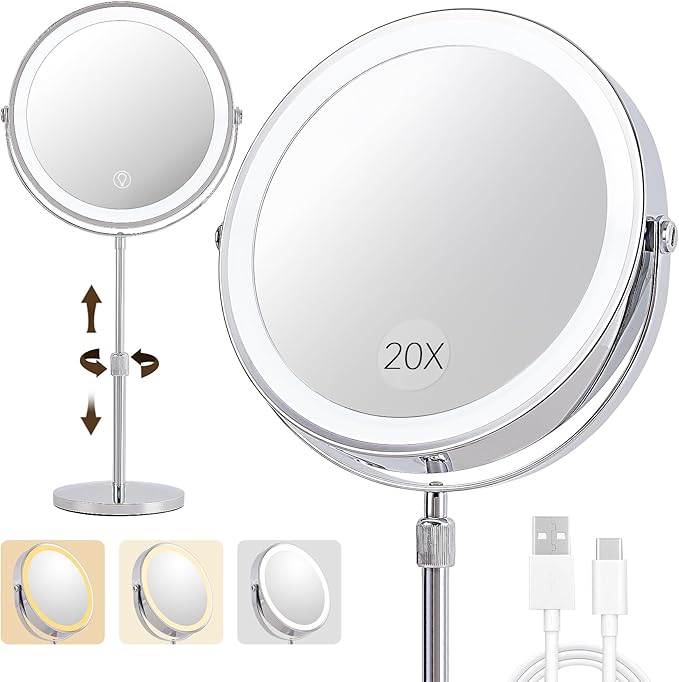 1X/20X Magnifying Makeup Mirror with Lights - 9" Large Dual-Sided Vanity Mirror with 3 Color Lights for Women's Travel Cosmetic Mirror | 3000 mAh-USB Rechargeable | 360° Rotation | Adjustable Height
