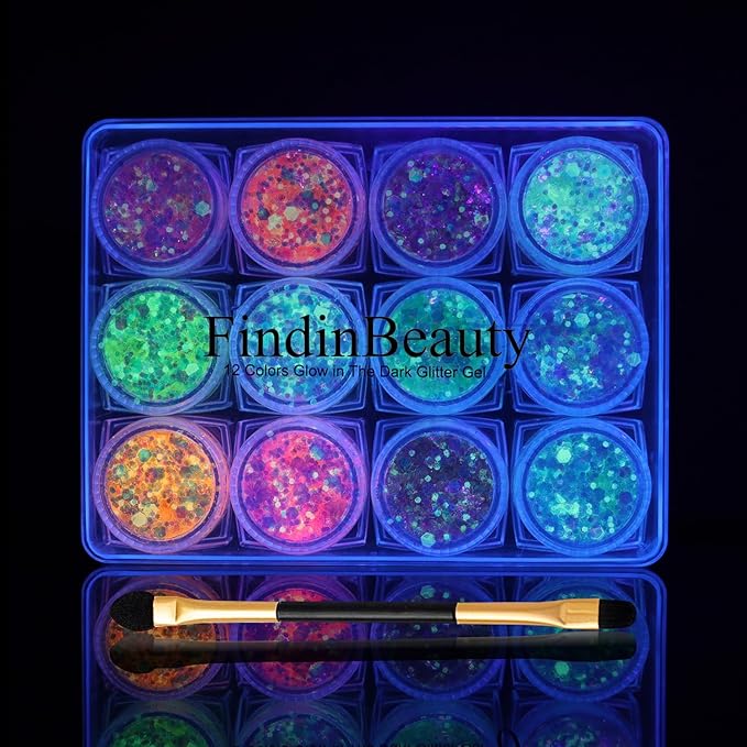 12 Color Glow in The Dark Gel Glitter - UV Black Light Reactive for Face, Body, Eyeshadow, No Glue Needed - Perfect for UV Parties, Festival & Rave Makeup-Glitter for Cosmetic Purposes