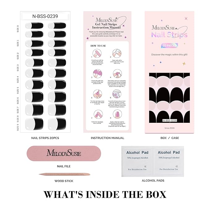 MelodySusie Semi Cured Gel Nail Strips (Micro Black French Tip), Works with Nail Lamp, Salon Quality, Long Lasting, Easy to Apply and Remove, Includes 20Pcs, 2 Prep Pads, Nail File and Wooden Stick
