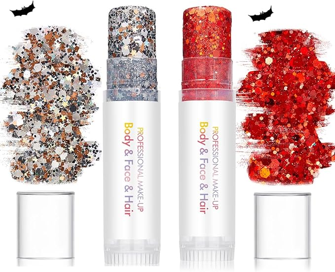 Body Glitter Stick Red Face Glitter Silver Brown Hair Glitter Halloween Face Paint Rave Makeup Glitter Festive Face Gems Christmas Fine Chunky Glitter Stick for Women Girls 2Pack
