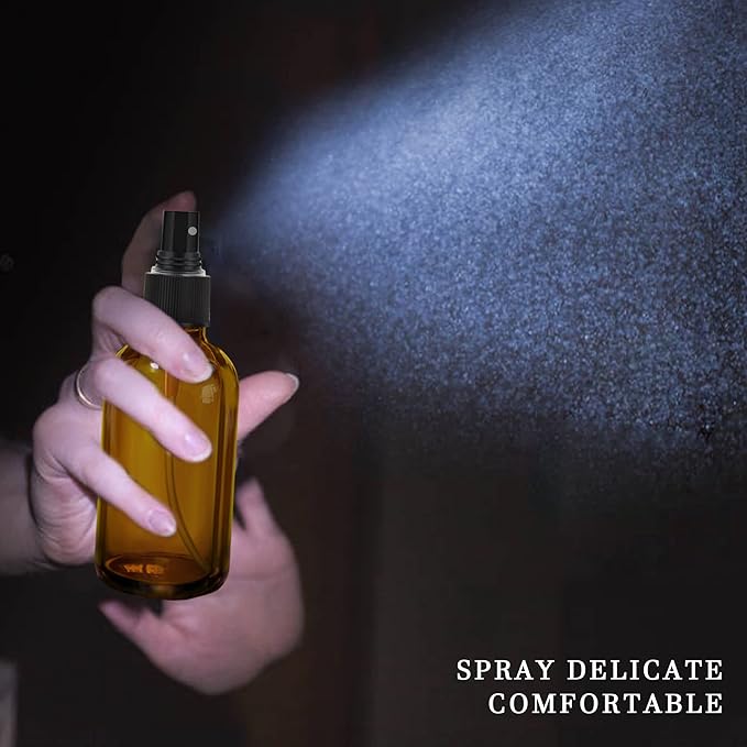 Amber Spray Bottles about 4oz Empty Small Glass Spray Bottle Fine Mist Spray Refillable Containers, Set of 16, Included 24 nozzles, 2 Funnels, 2 Droppers, 24 Labels