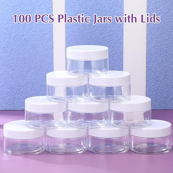 SATINIOR 100 Pcs Plastic Jars with Lids Small Containers Lids Wide Mouth Small Plastic Containers for Lotion Cream Rhinestones Body Butters Travel Storage(4 oz,White)