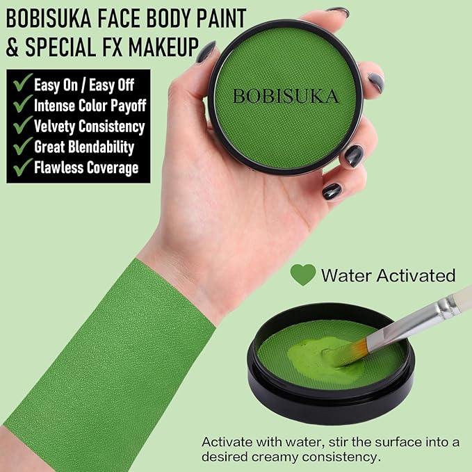 BOBISUKA Light Green Face Body Paint, Water-Based Face Painting for Halloween,Christmas & St. Patrick's Day, Kids Adults Facepaint for Witch Monster Gamora Goblin Grinch Hulk SFX Makeup Cosplay Party