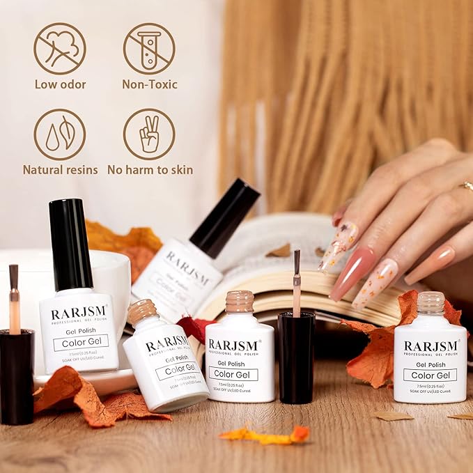 RARJSM Nude Gel Polish Set 6 Colors Creamy Caramel Brown Collection Clear Jelly Purple Pink Natural Light Orange Translucent French Manicure Gel Nail Polish Soak off UV LED Curing for Home Salon Mani