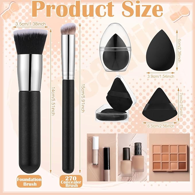6Pcs Foundation Brush for Liquid Makeup,Liquid Foundation Brush with Makeup Sponge and Powder Puff for Foundation, Powder, Blush, and Concealer(Black)