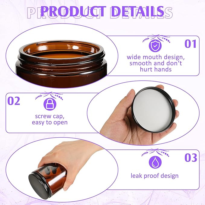 Lallisa 32 Pcs 8 oz Amber Glass Jars with Black Lids Round Glass Cosmetic Jars with Lids Empty Amber Containers Refillable Food Storage Containers for Spice Powder Liquid Sample Makeup