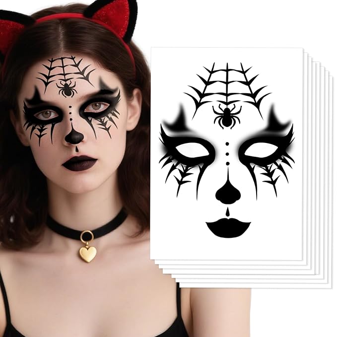 8Pcs Halloween Face Tattoo Stickers, Spider Web Temporary Tattoos, Face Decals,Temporary Makeup Sticker Tattoos, Face Sticker Art for Women Girls Halloween Masquerade Party
