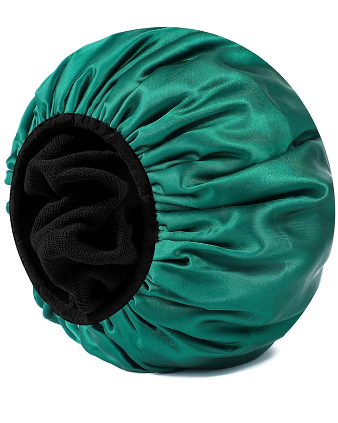YIZIJIZI Triple Layer Reusable Waterproof Shower Cap for Women Large Terry Lined Hair Cap for Long Thick Hair Travel Bath Care Blackish Green