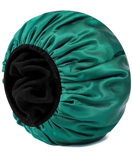 YIZIJIZI Triple Layer Reusable Waterproof Shower Cap for Women Large Terry Lined Hair Cap for Long Thick Hair Travel Bath Care Blackish Green