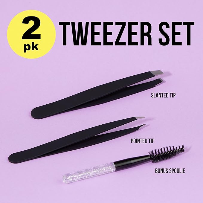 3pc Black Tweezer Set & Glitter Spoolie - Hair Removal Tweezers,Angled and Pointed Tweezer Set, Precision Tweezers & Eyelash Spoolie Set