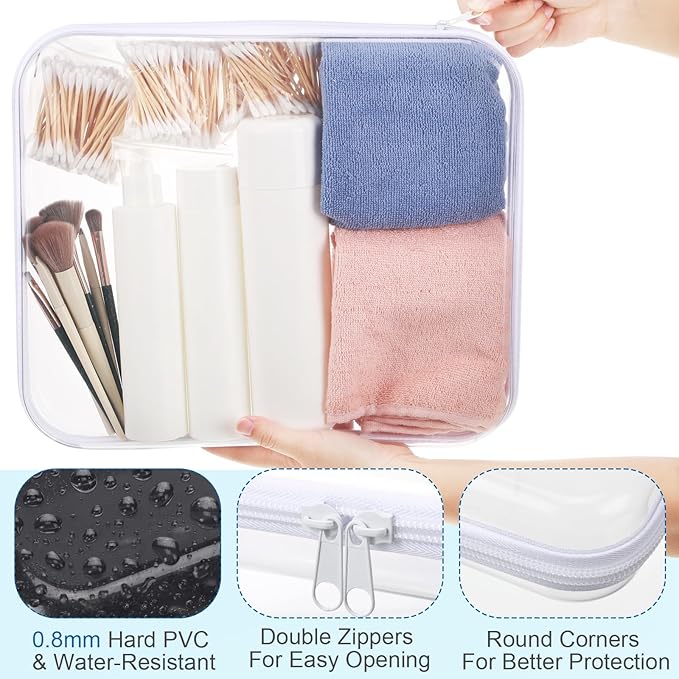 Sanwuta 6 Pcs Clear Hard Zipper Case Pencil Pouches Hard Plastic Zipper Pouches Makeup Bag Transparent Cases for Snacks Plastic Storage Organizer Box for Travel(White,13.78 x 11.81 x 2 Inch)