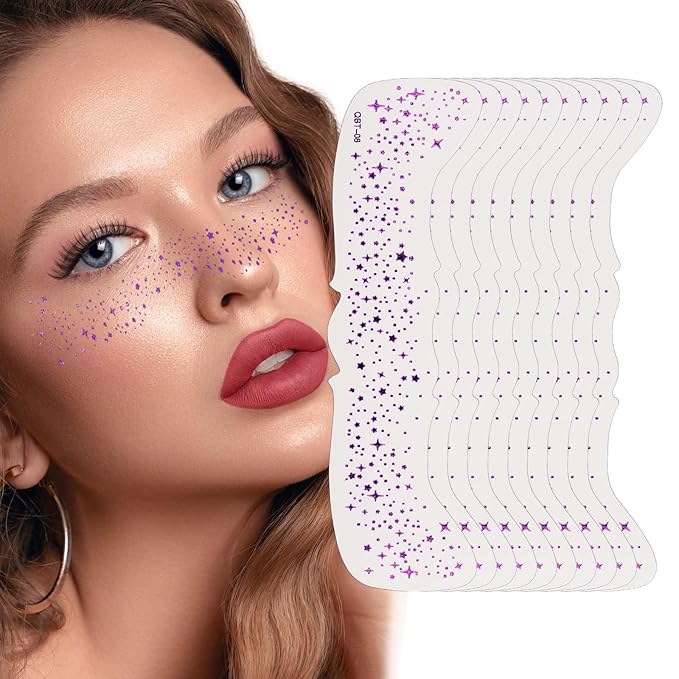 10 Pcs Glitter Freckles Face Tattoo, Face Glitter Makeup Patches, Waterproof Sparkle Freckles Tattoo Fairy Makeup Accessories For Women (Purple)
