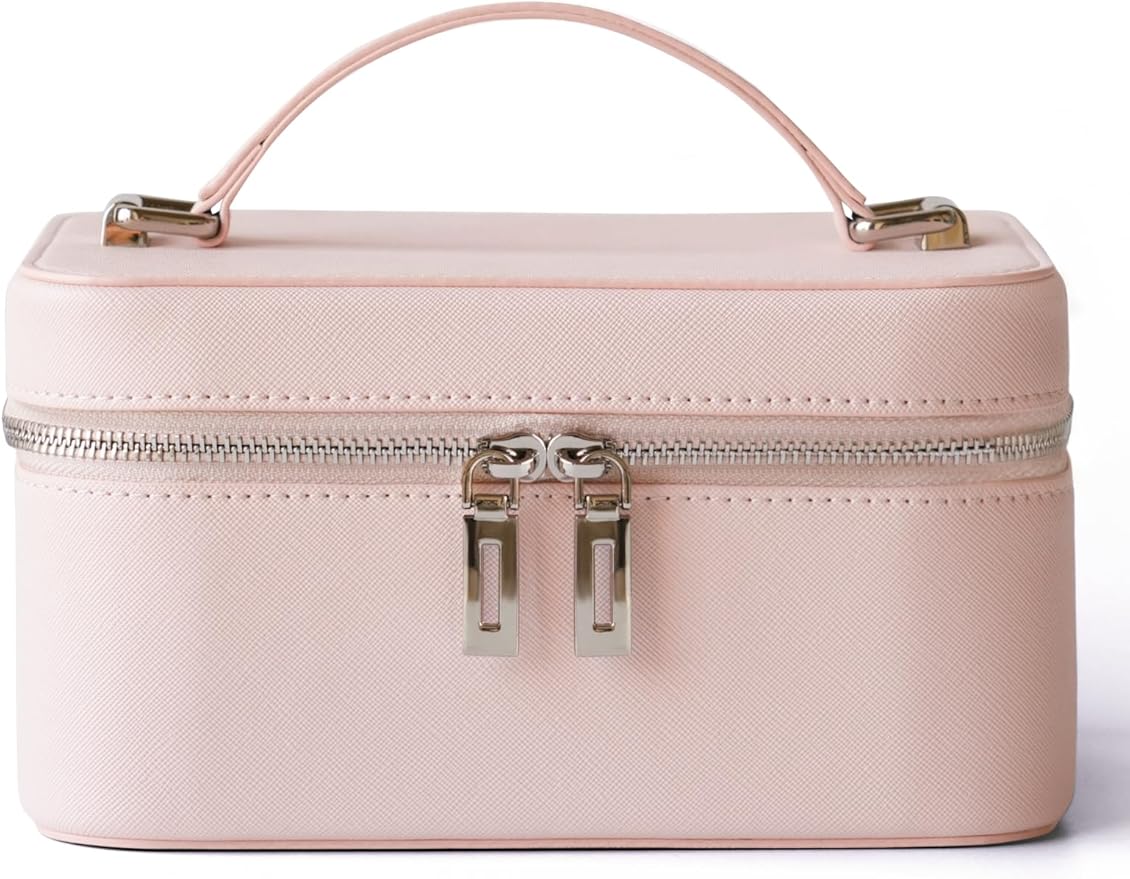 Popvibe Makeup Case with Mirror Lighted Up Travel Vanity Make Up Bag Set with Brush Storage, Pink Leather Cosmetic Bag Compact Traveling Small Train Case Luxury Travel Essentials Portable Makeup Box