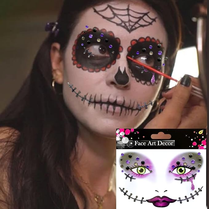 3 Pcs Halloween Face Stickers for Women, Bats and Spider Webs Face Gems Jewels,Day of the Dead Rhinestone Face Jewels Glitter Face Tattoo Stickers for Halloween Rave Party Cosplay