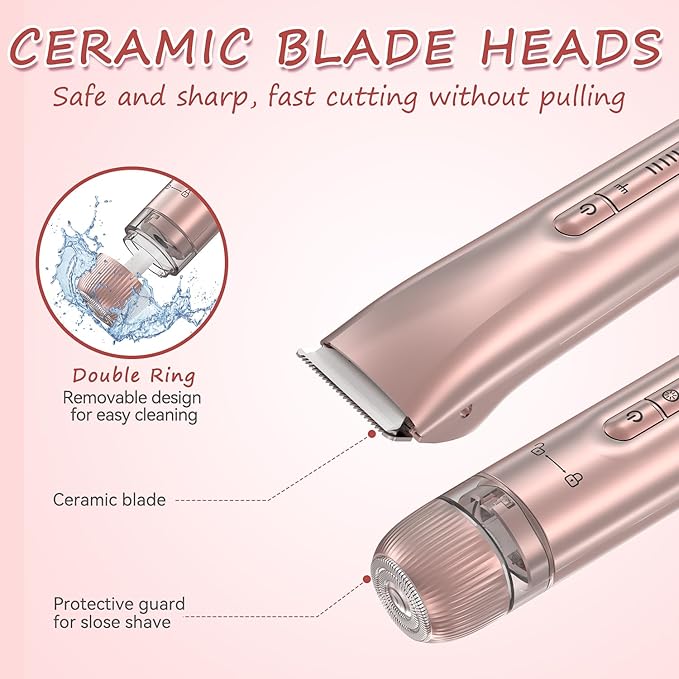 Bikini Trimmer for Women - 2 in 1 Electric Body Hair Trimmer for Silky Skin, Cordless Body Shaver for Travel, IPX7 Waterproof & Easy to Clean, Replaceable Ceramic Blade Heads, Rose Gold