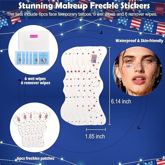 Yosca Independence Day Face Freckles Tattoo, 6Pcs Red White Blue 4th of July Temporary Tattoos for Patriotic Makeup, Waterproof Makeup Patches Fake Freckles for Memorial Day Veterans Day Flag Party