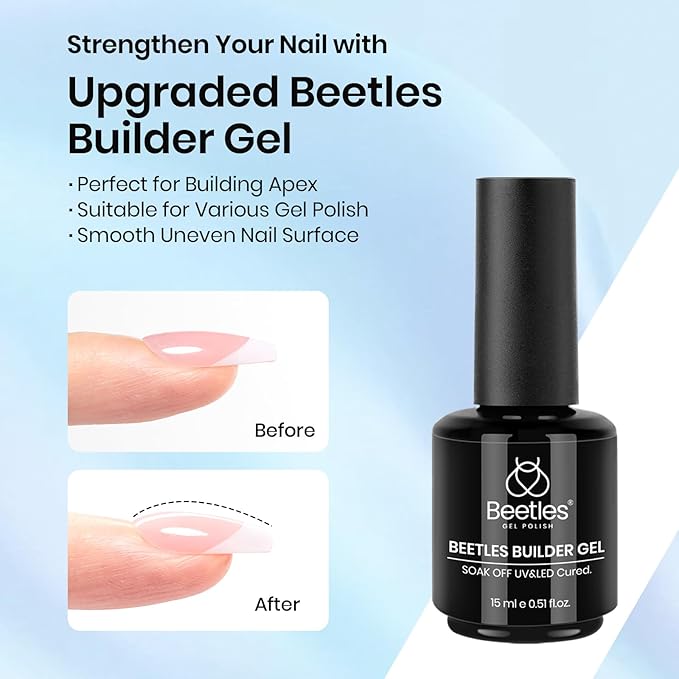 Beetles Builder Gel and Extra Glossy Top Coat No Wipe for Fall Nails with Nail Brush, 15ml Low Heat Hypoallergenic Clear 7 in 1 Builder High Shine Long Lasting Top Coat Gel Nail Polish
