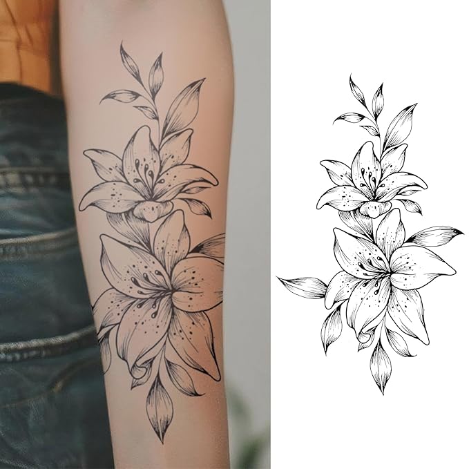 Lily Outline Temporary Tattoos – Large Black & White Floral Vine Tattoo, Waterproof & Long Lasting 2 Weeks, Realistic Floral Fake Tattoos for Women