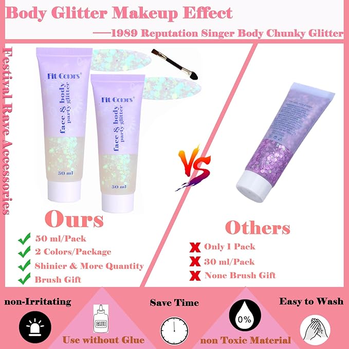 Body Glitter Face Glitter Gel: Singer Concerts Disco Festival Rave Accessories Face Glitter Makeup 150ml Chunky Sequins Mermaid Face Body Hair Glitter Gel (2 White)