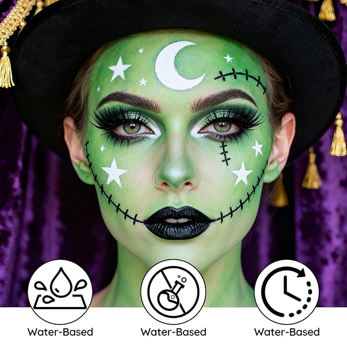 Light Green Face Paint - Professional Water-Based Non-Toxic Body Painting for Hulk, Witch Halloween SFX Cosplay, Full Coverage Washable Paint for Costume Party Carnival Stage Performance