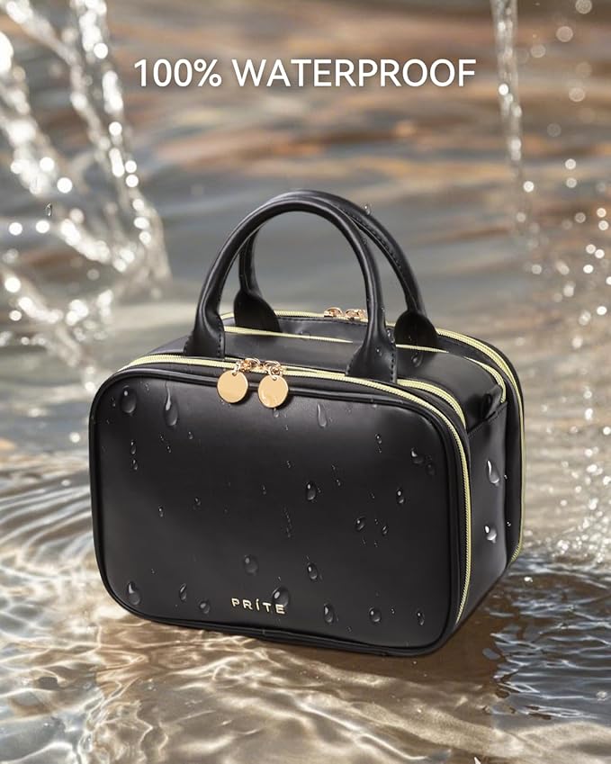 Prite Makeup Bag for Women, Large Capacity Waterproof Travel Cosmetic Organizer, Portable Open Flat Toiletry Bag with Free-standing Brush Holder and Handle(Black Large)