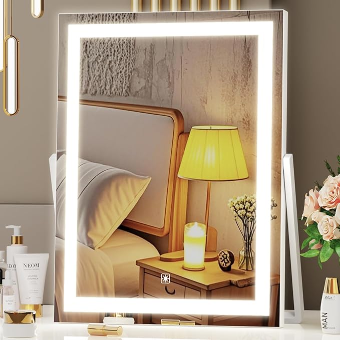 Vanity Mirror with Lights, 11"× 14" LED Makeup Mirror, Lighted Makeup Mirror with Lights, Smart Touch Control Dimmable 3 Modes Light 360°Rotation White