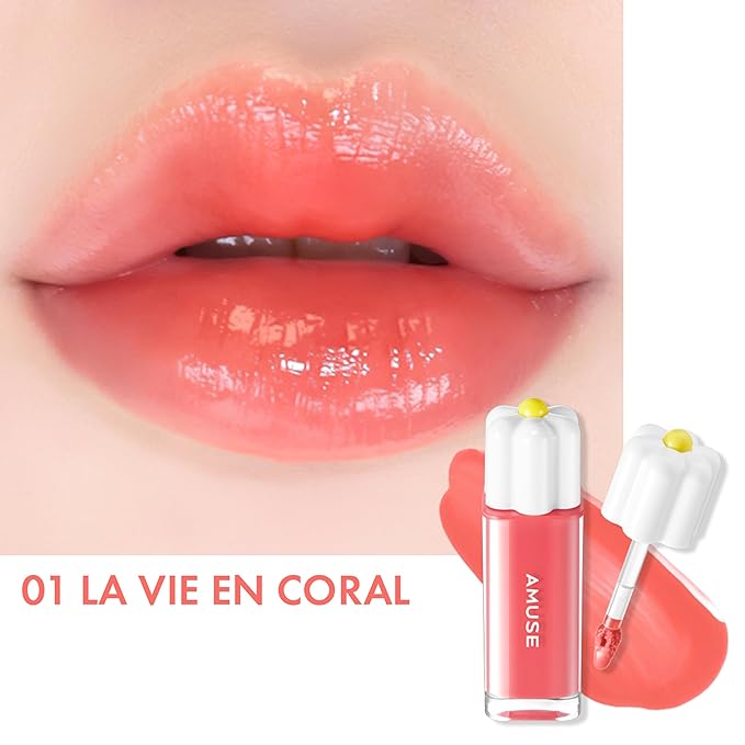 Amuse SEOUL Daisy Flower Dew Tint 01 LA VIE EN CORAL | 35% High-moisture Water Tint, Long-lasting, Vitamin E Acetate, Moisturizing, No Peel Off, Lip Treatment, Non Sticky, Korean Lip Tint for Dry Lips