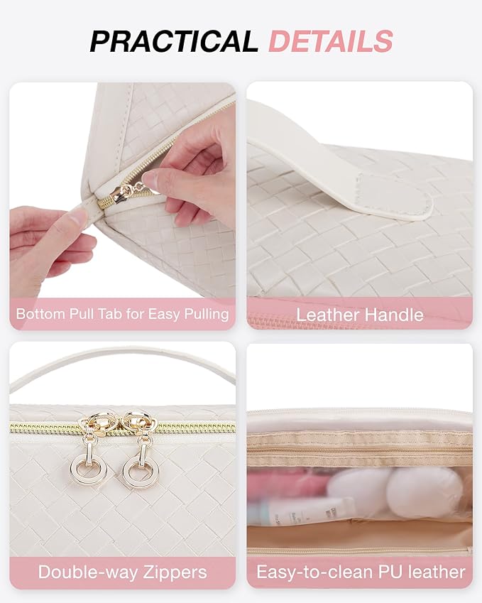 BAGSMART Makeup Bag, Travel Cosmetic Bag Organizer, PU Leather Water-Resistant Pouch, Open Flat Makeup Storage for Toiletries, Brushes, PU Leather Beige