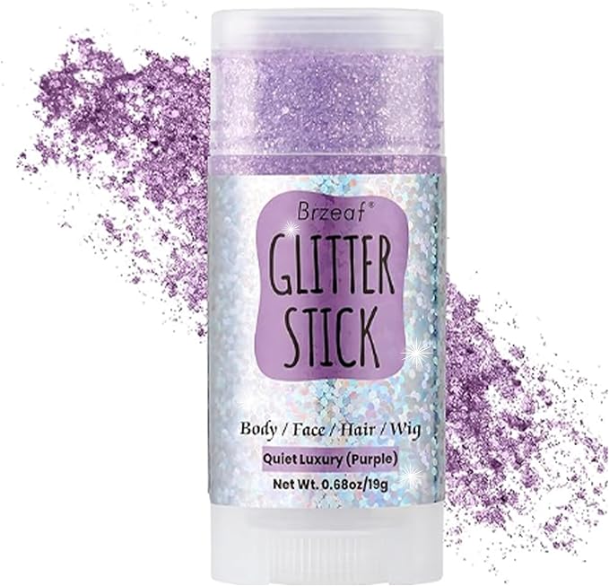 Brzeaf Waterproof Purple Glitter Stick, Shimmery&Long Lasting, Halloween Chunky Glitter for Face/Body/Hair/Eyes, Singer Concert Music Rave Festival, Glitter Stick Makeup for Women Men