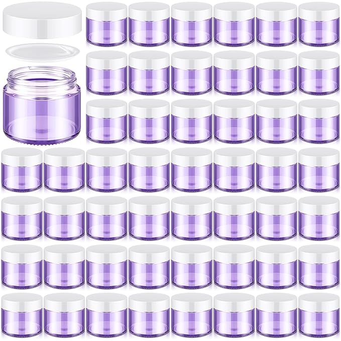 Domensi 48 Pcs 2 oz Glass Jars with Lids Travel Size Round Leakproof Empty Cosmetic Jars with Inner Liners Lid for Storing Makeup Lotions Face Cream Ointments Candle DIY Making (Light Purple)
