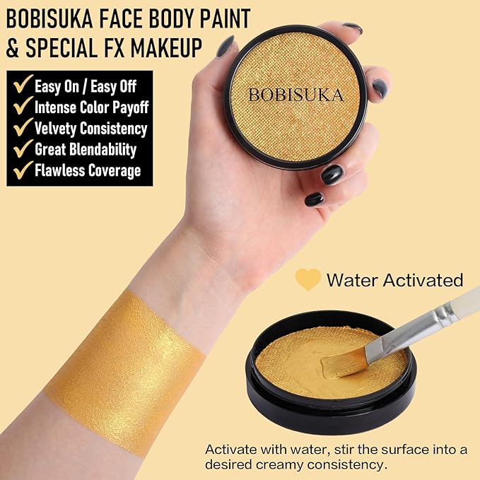 BOBISUKA Metallic Gold Face Body Paint, Water-Based Face Painting Kit & Body Paints, Facepaint for Adults Halloween Golden Masquerade Mask & Skull Special Effects Art Make-Up Costume Cosplay & Theater