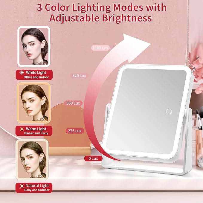 DESCHEN Rechargeable Travel Lighted Makeup Vanity Mirror with Lights and Magnification, Portable 10X/1X Magnifying Led Desk Mirror Makeup with 3 Color Light