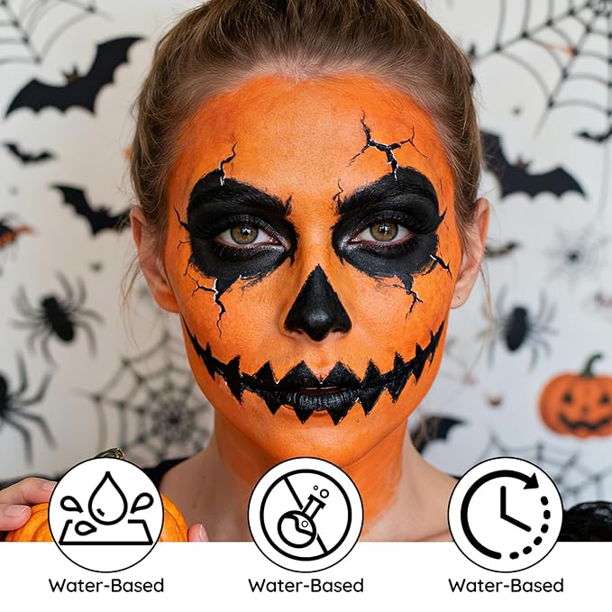 Orange Face Body Paint - Professional Water-Based Non-Toxic Body Painting for Pumpkin Tiger Halloween SFX Cosplay, Full Coverage Washable Cream for Costume Party Theater Stage Performance