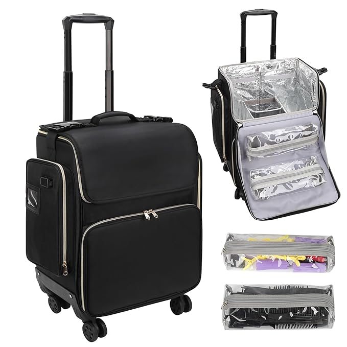 OCHEAL Hairstylist Traveling Case - 360° Rotatable Wheels, Heat Insulation Cosmetic Makeup Trolley Train Case for Hairstylists Hairdressers, Detachable Pouch, Hairdressing Tool Organizer