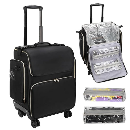 OCHEAL Hairstylist Traveling Case - 360° Rotatable Wheels, Heat Insulation Cosmetic Makeup Trolley Train Case for Hairstylists Hairdressers, Detachable Pouch, Hairdressing Tool Organizer