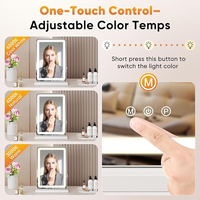 Sweetcrispy 17"x13" LED Vanity Mirror with Lights, Dimmable 3 Color Modes Makeup Mirror with Memory Function, USB Charging, Aluminum Frame, Lighted Mirror for Desk or Bedroom