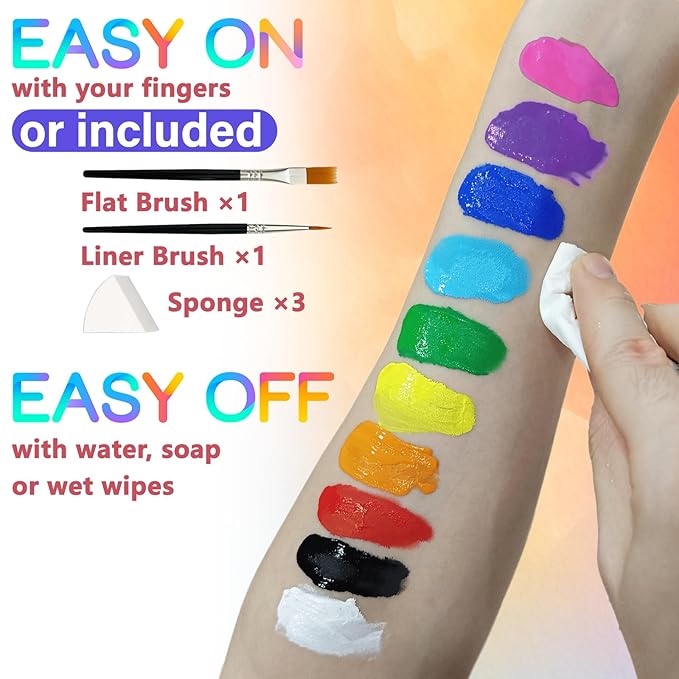 10 Colors Face Body Paint Set, Water Based Body Paint for Adults & Kids, Washable Face Paint Kit with Brushes & Sponges, Non-Toxic Face Painting for Halloween Party Cosplay Stage Makeup