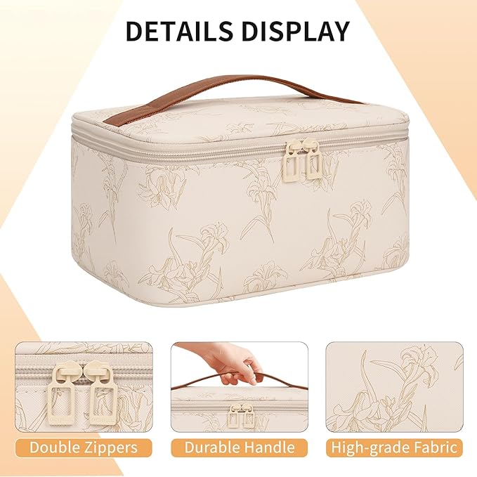 OCHEAL Makeup Bag for Women - Travel Cosmetic Organizer with Brush Slot & Divider, Large Capacity Toiletry Bag for Girls, Travel Makeup Case for everyday Make up Accessories -Beige floral