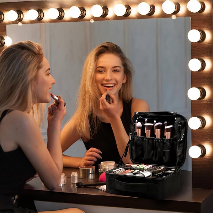 gzcz Travel Makeup Bag,10.4 Inches Portable Makeup Case Cosmetic Train Case Organizer Artist Storage Bag With Adjustable Dividers For Cosmetics Brushes Toiletry Jewelry Digital Accessories (Black)