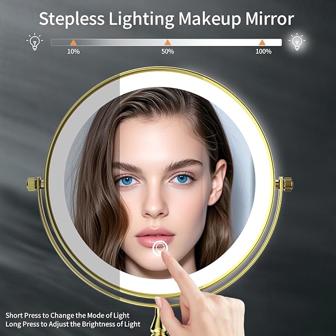 DOWRY Rechargeable Lighted Makeup Mirror 10x Magnification Vanity Mirror Tabletop Two-Sided Swivel Gold Finish