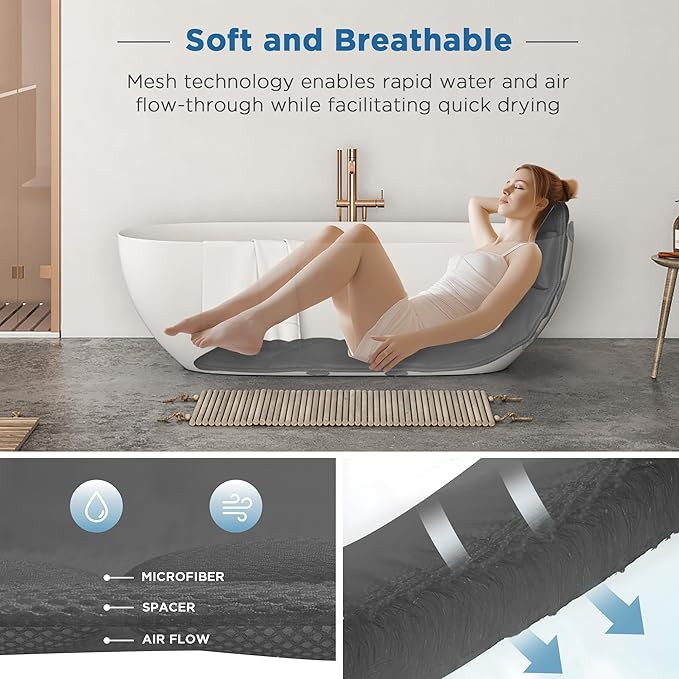 Full Body Bath Pillow for Tub, Extra Thick 4D Air Mesh & Quick-Dry Spa Pillow for Head Neck and Beck Support, Non-Slip Suction Cups Fits All Tubs - Luxury Bath Accessories for Relaxation, Grey (Grey)