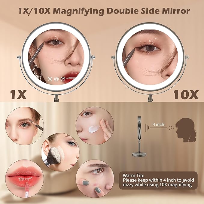 9" Large Lighted Makeup Mirror, 1X/10X Magnifying Mirror with Light, 3 Colors Brightness Adjustable, Rechargeable Double Sided Vanity Mirror with 80 LED Lights Grey