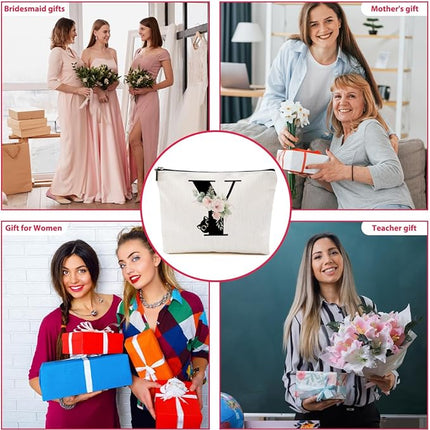 Floral Cat Initial Makeup Bag, Personalized Skin Care Bag, Travel Organizer Toiletry Bags for Women Mom Friends, Cosmetic Bags Makeup Pouch with Zipper, Letter Y