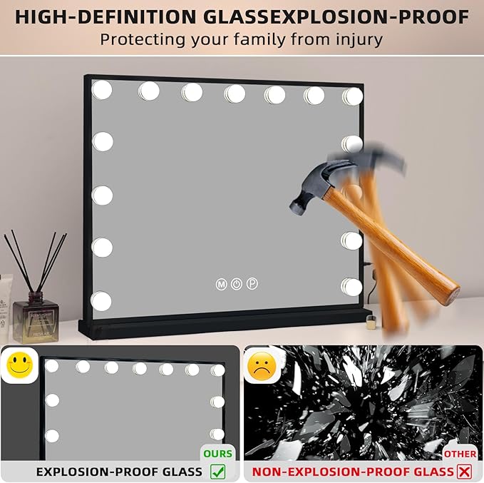 Fenair Vanity Mirror with Lights 22.8"x 18.1" Makeup Mirror with Lights and 15 Dimmable Bulbs,3 Colors Modes,Hollywood Mirror with USB Charging Port and 10X Detachable Magnification Mirror（Black）