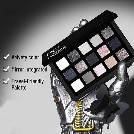 K'APEINE Smokey Eyeshadow Palette, 15Colors Black Eye Shades Matte Metallic Shimmer Eyes Makeup Kit Silver White Pink Eye Shadow Highly Pigment Long-Lasting For Daily, Gothic, Party