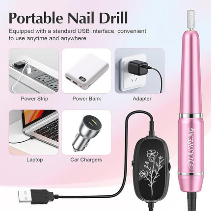 JIASHENG USB Electric Nail Drill, Portable Electric Nail File for Acrylic Gel Nails, Professional Drill Nail Kit Manicure and Pedicure Kit with Drill Bits for Home and Salon Use, Pink
