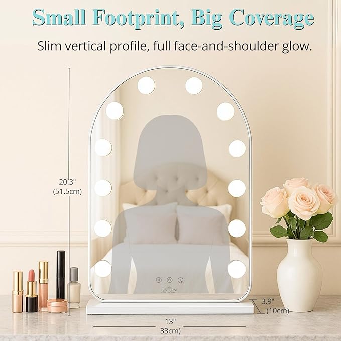 LUXFURNI Hollywood Mirror with Lights Makeup Mirror for Bedroom, Vanity Arched Mirror with 12 Dimmable Bulbs Smart Touch Control 3 Color Lighting Modes