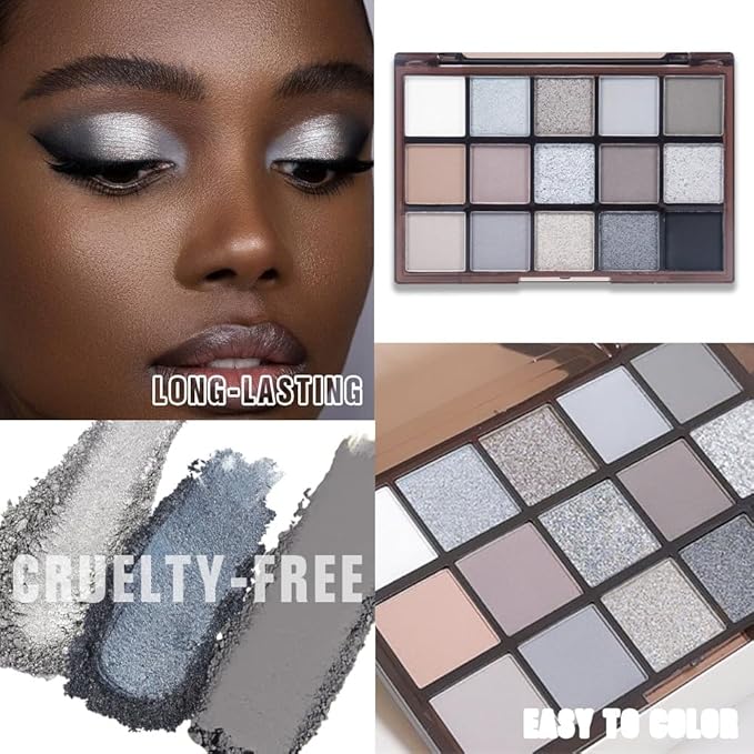 Smokey Black Eye Shadow Makeup Palette,15 Colors Gray Silver Dark Shimmer Matte Makeup Pallet,Long Lasting Waterproof Blendable for Daily and Halloween,Vegan,Cruelty -free